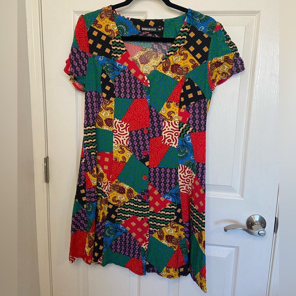 Dangerfield Patchwork Style Rainbow Button Up Dre… - image 2